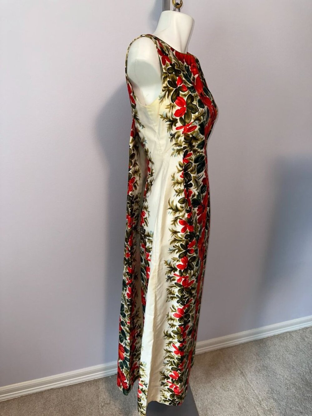 Vintage 60s Tiki Mod Hawaiian Maxi Dress Red Hibiscus Floral Train Hostess Gown - Picture 6 of 9